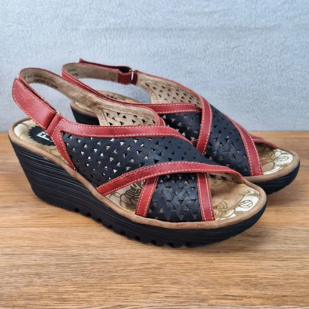 Fly London Ynes Women's 10.5 EU 41 Perforated Leather Wedge Sandals Black Red